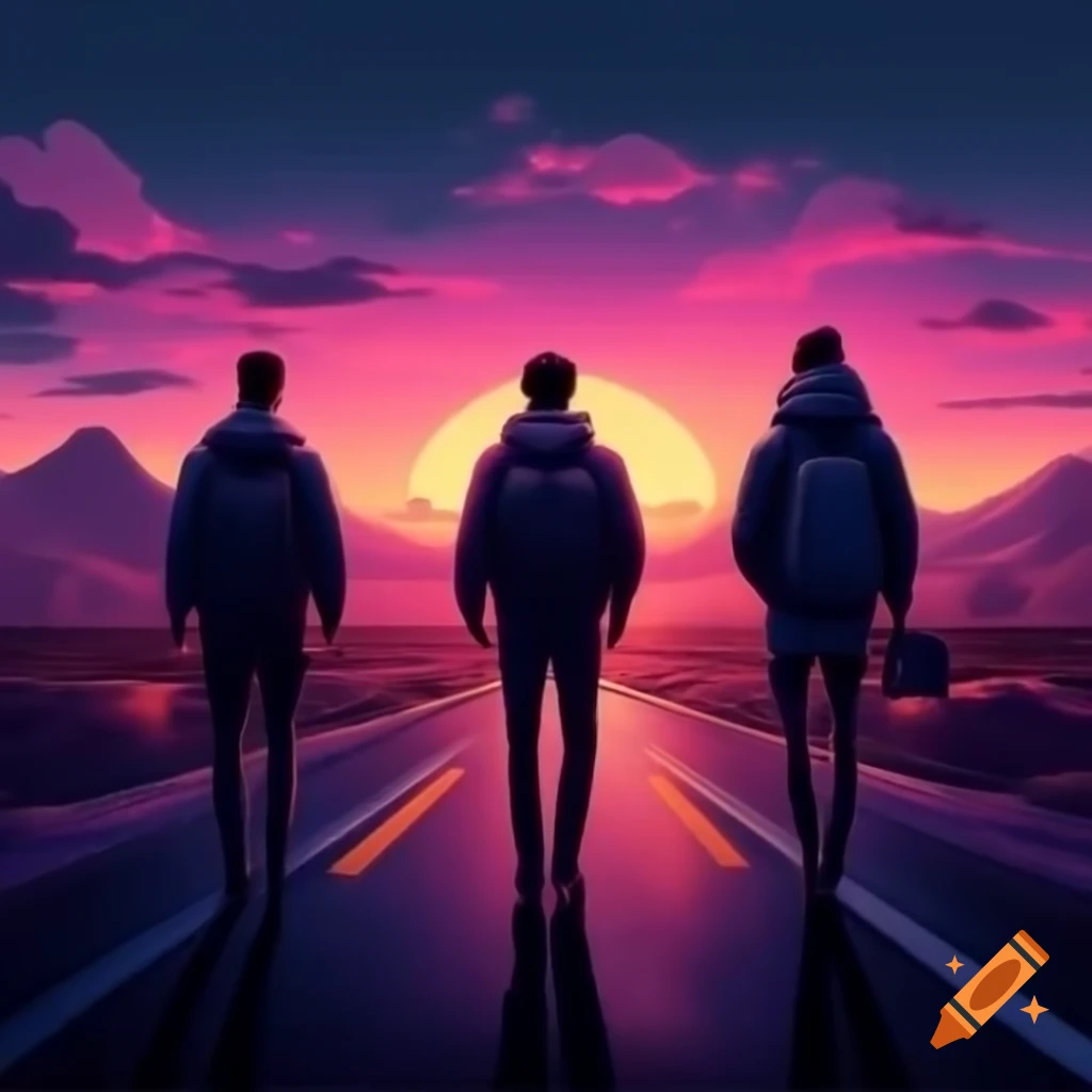 Three men walking towards neon city at sunset with mountains in the background