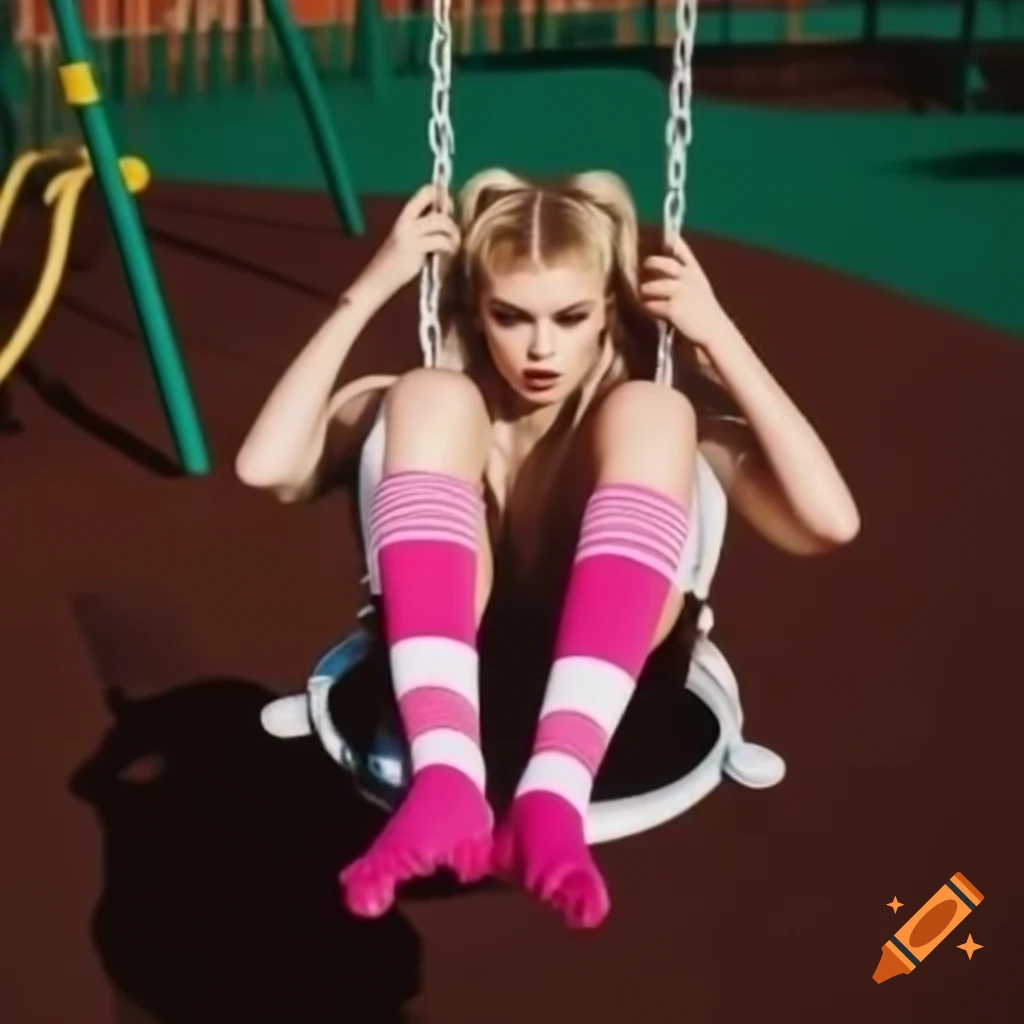 Woman swinging in playground wearing pink and white socks with blue eye shadow