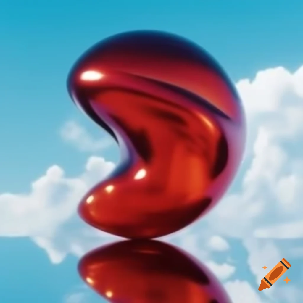 Pop surreal photography featuring red iridescent glass statue against bright sky