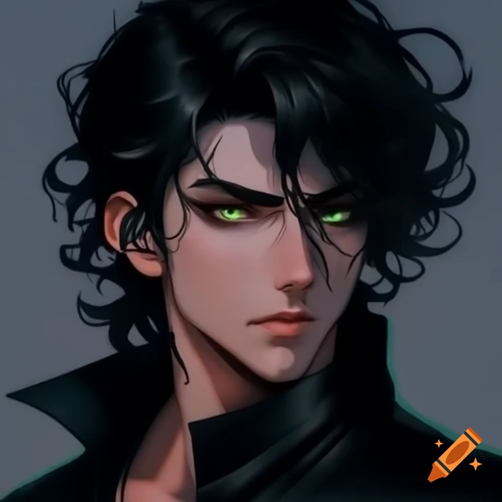 Anime male character with shoulder-length semi-curly black hair in a black suit and greenish-brown eyes