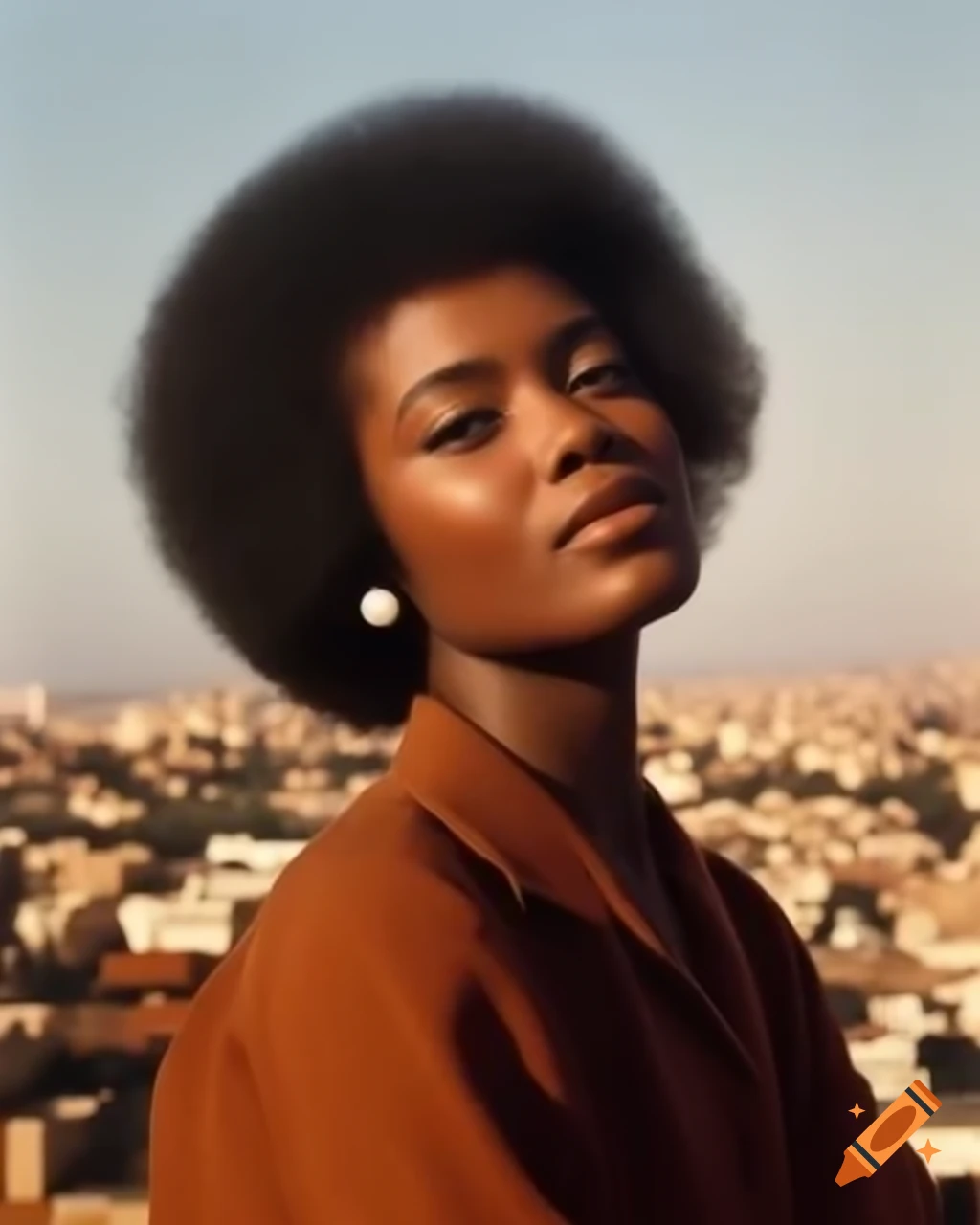 Timeless portrait of a charismatic beauty in sun-drenched cityscape with 1970s vibes