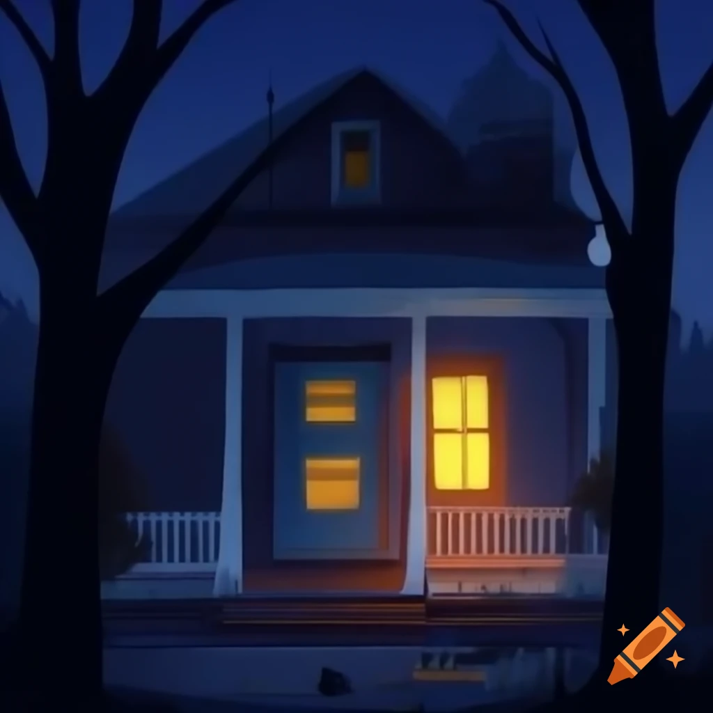 Eerie dimly lit porch at night with newspaper-wrapped package and shadows
