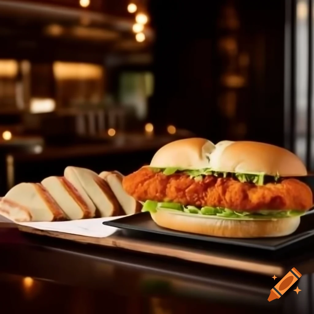 Schnitzel sandwich on elegant plate in luxury restaurant setting