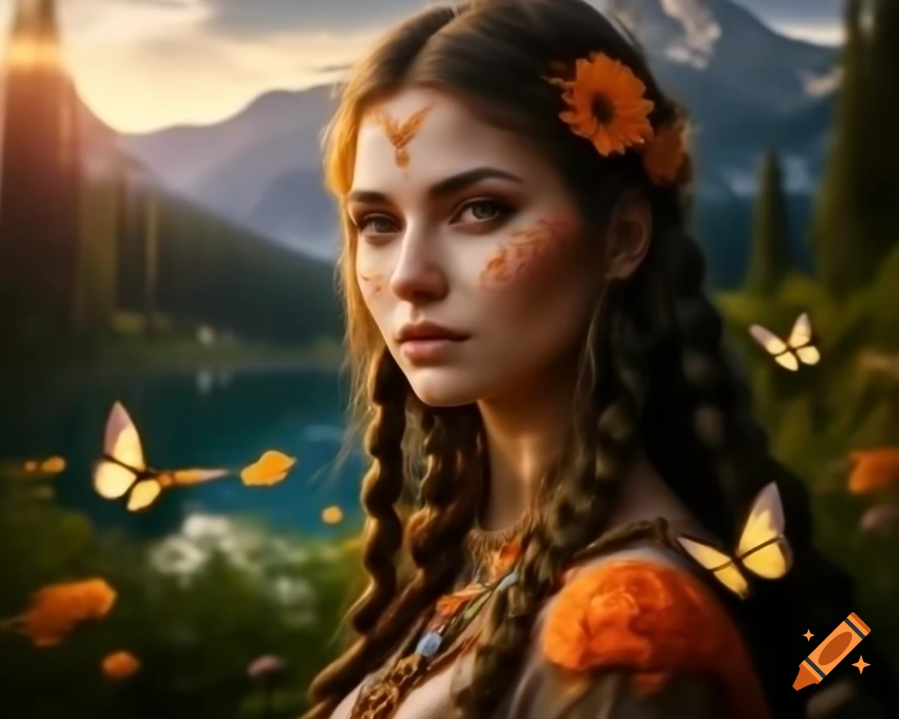 Hyperrealistic render of Slavic woman with flowers and butterflies in her hair