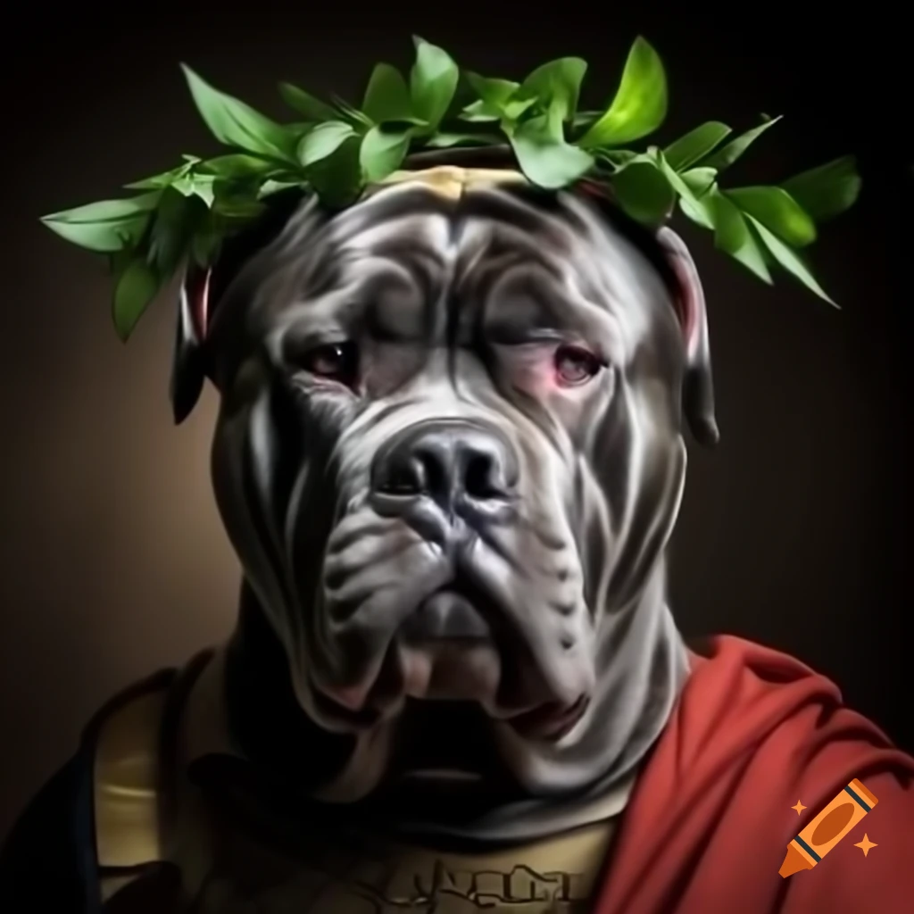 Dark grey Cane Corso dressed as Roman fighter with laurel wreath against dramatic lighting