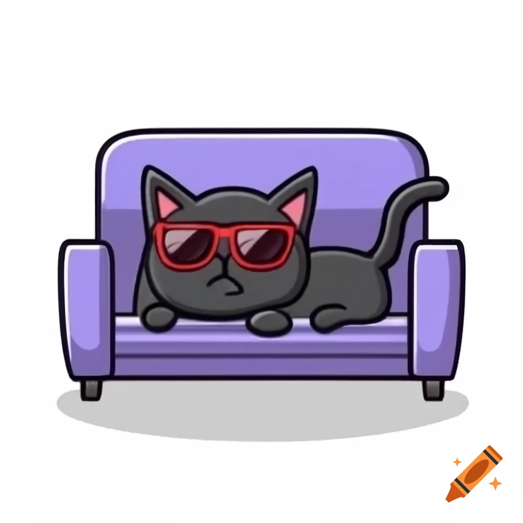 Cartoon black cat with sunglasses lounging on couch