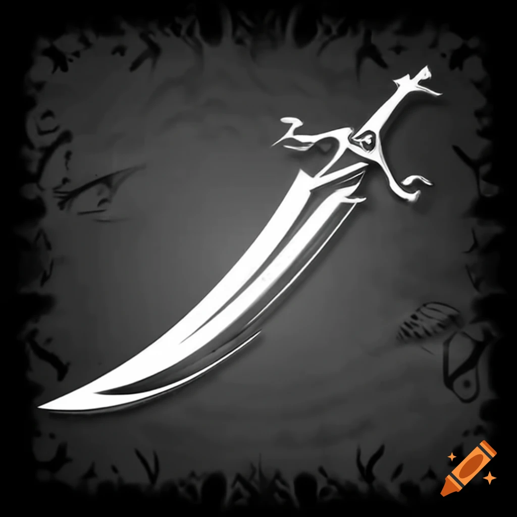 Curved Mongolian sword silhouette in stencil tattoo style, gray shades