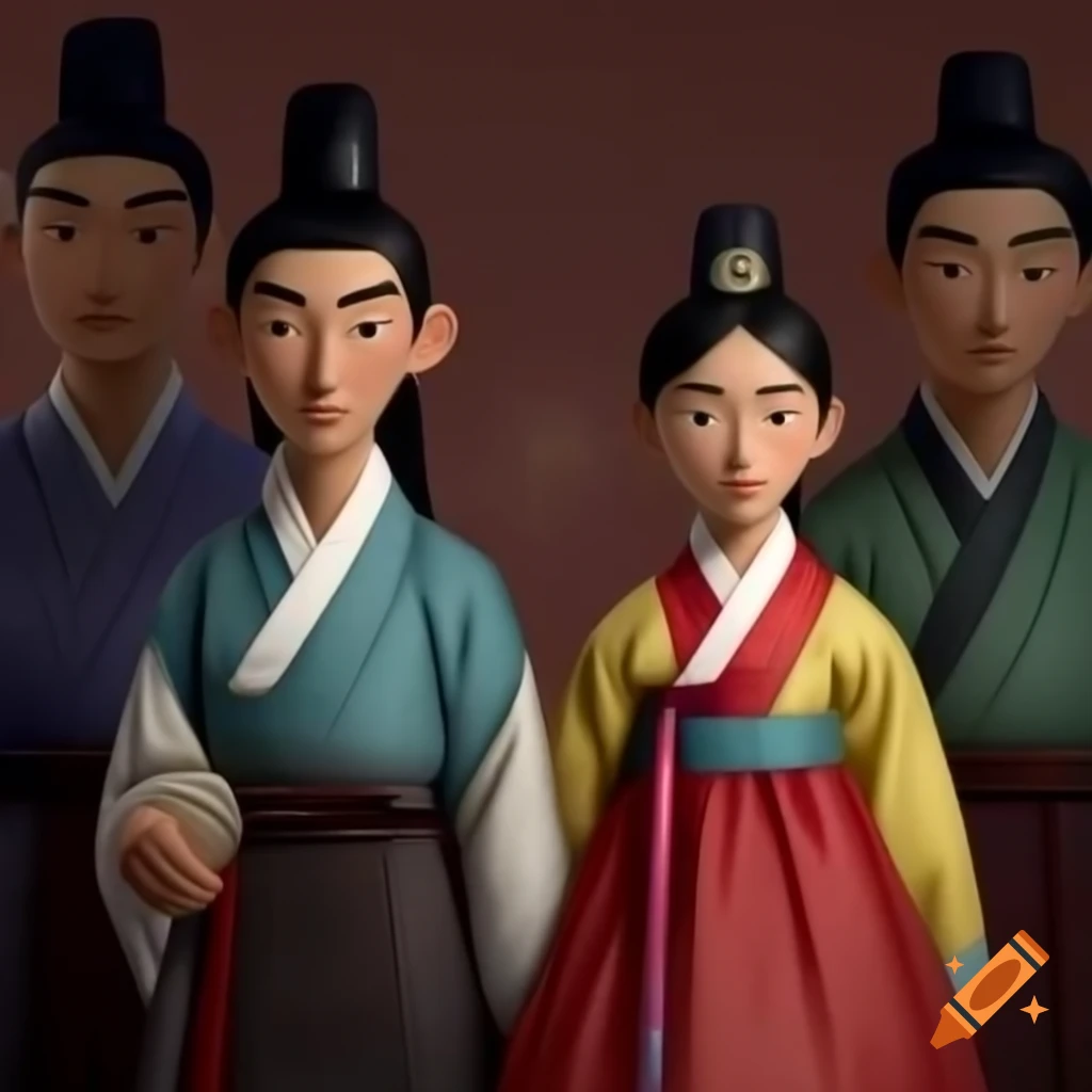 Young men and women in traditional hanbok attire from 15th-century Korea
