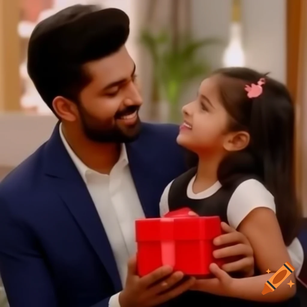 Indian father and daughter in cozy indoor setting, smiling warmly