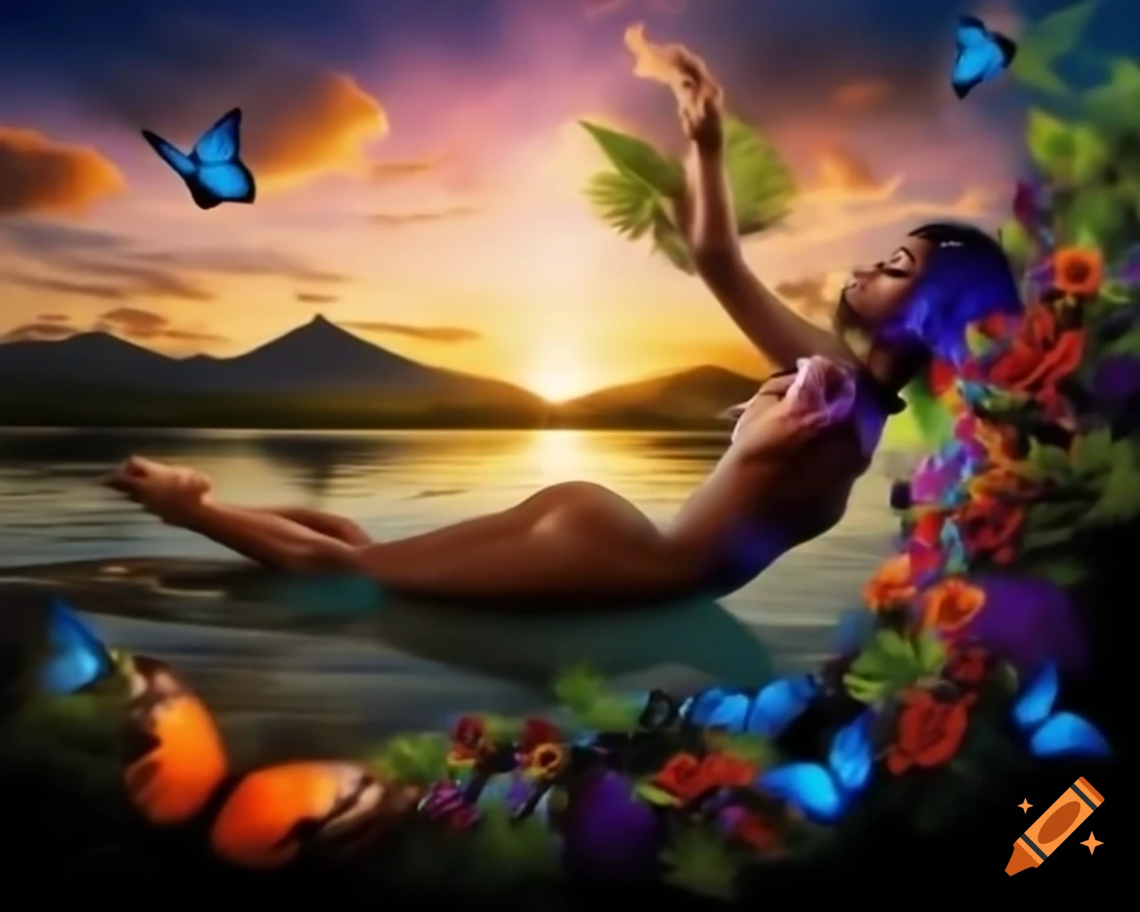 Beautiful woman in tropical paradise with colorful objects and butterflies at sunset