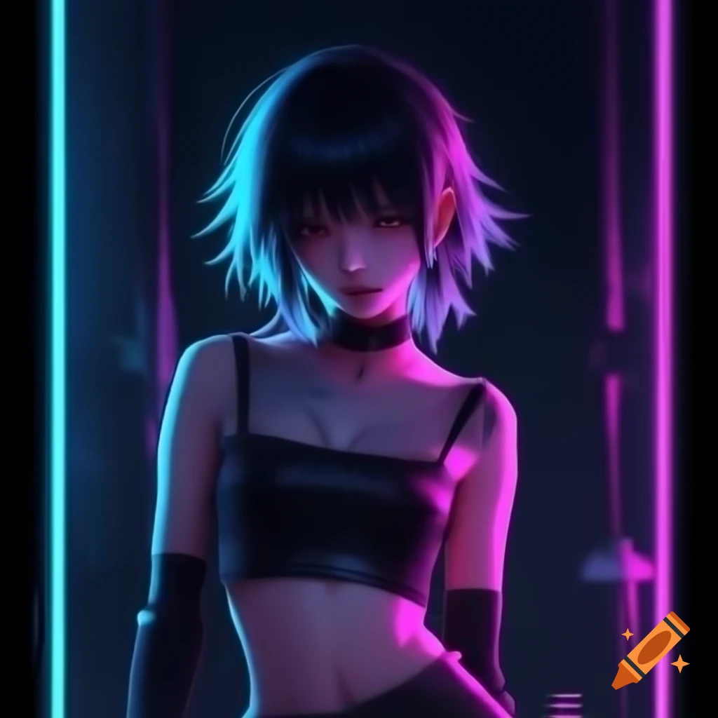 Punk-inspired young woman in dystopic fashion, lowrise pants, crop top