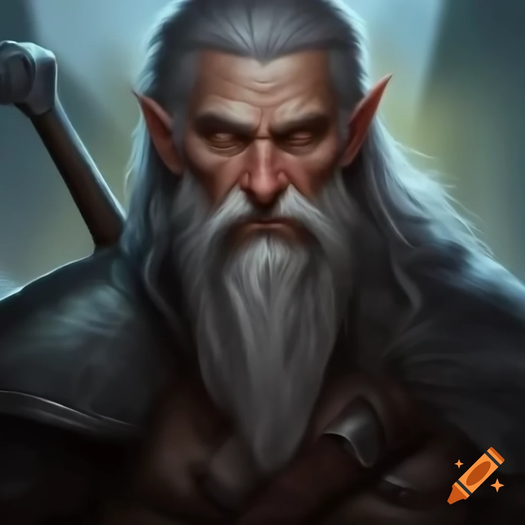 Half body portrait of older male elf with gray hair and longsword in chainmail armor
