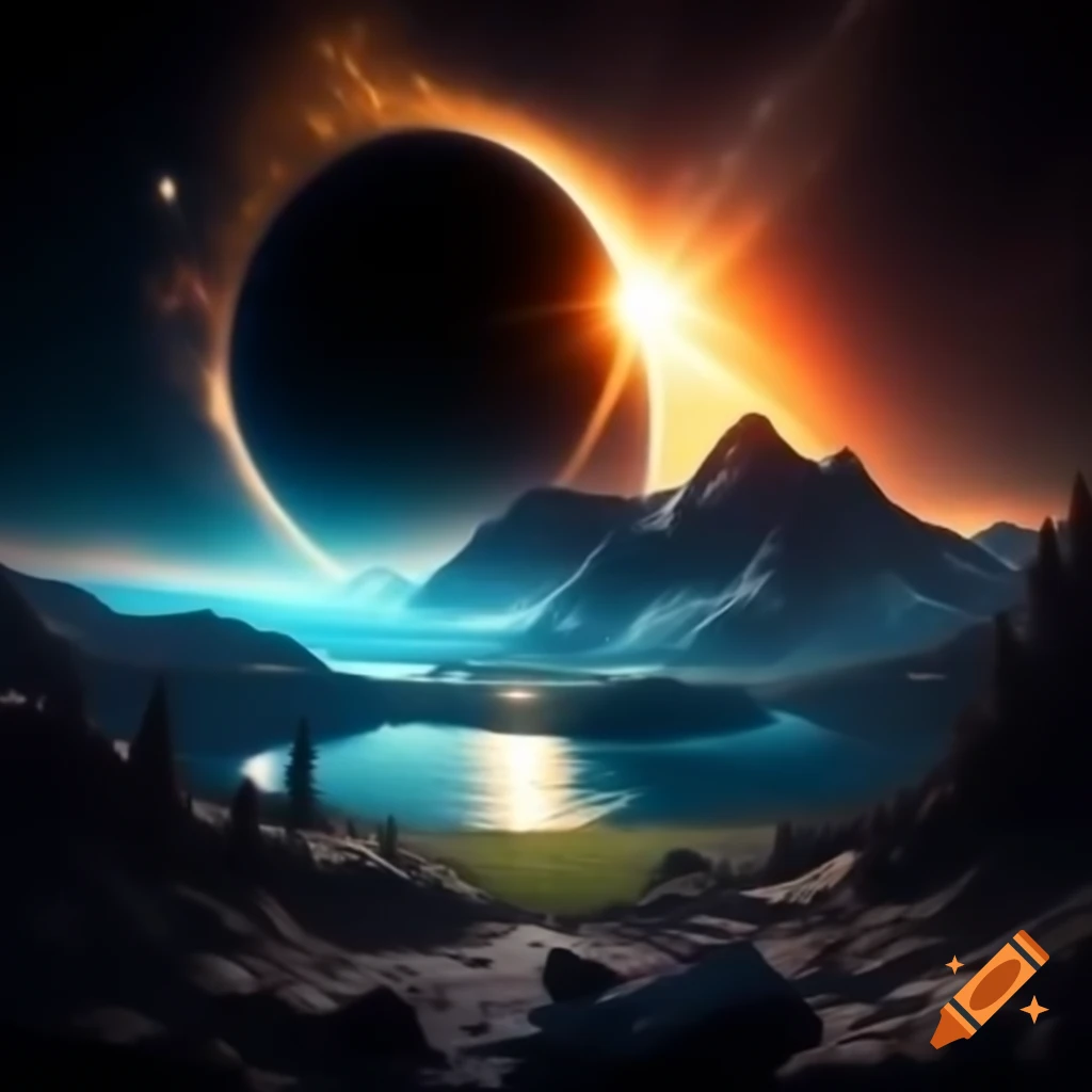 3D representation of sunset at mountain lake with sun rays and island