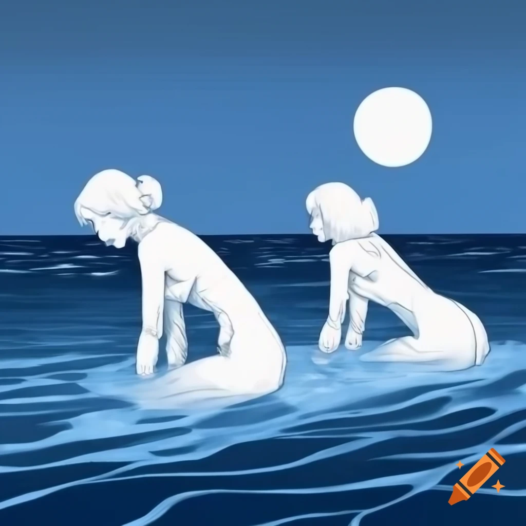 Two tall women sleeping in ocean under full moon, biopunk and surreal artistic elements