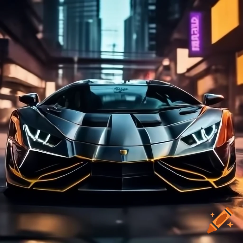 Lamborghini Temarrio in a vibrant cyberpunk city scene