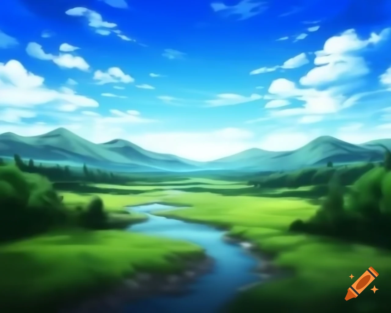 Beautiful landscape with river and mountains under clear sky, high quality anime style