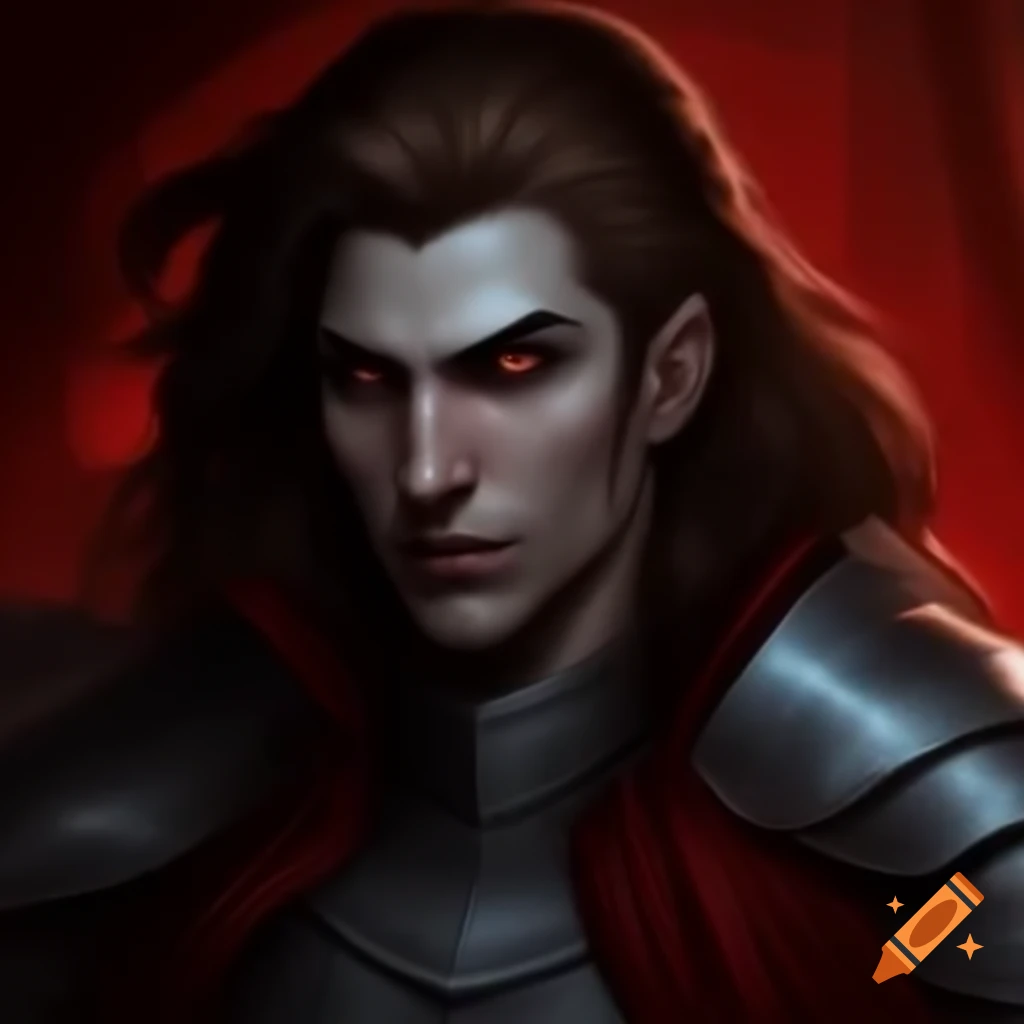 Vampire knight in dark plate armor and red cloak