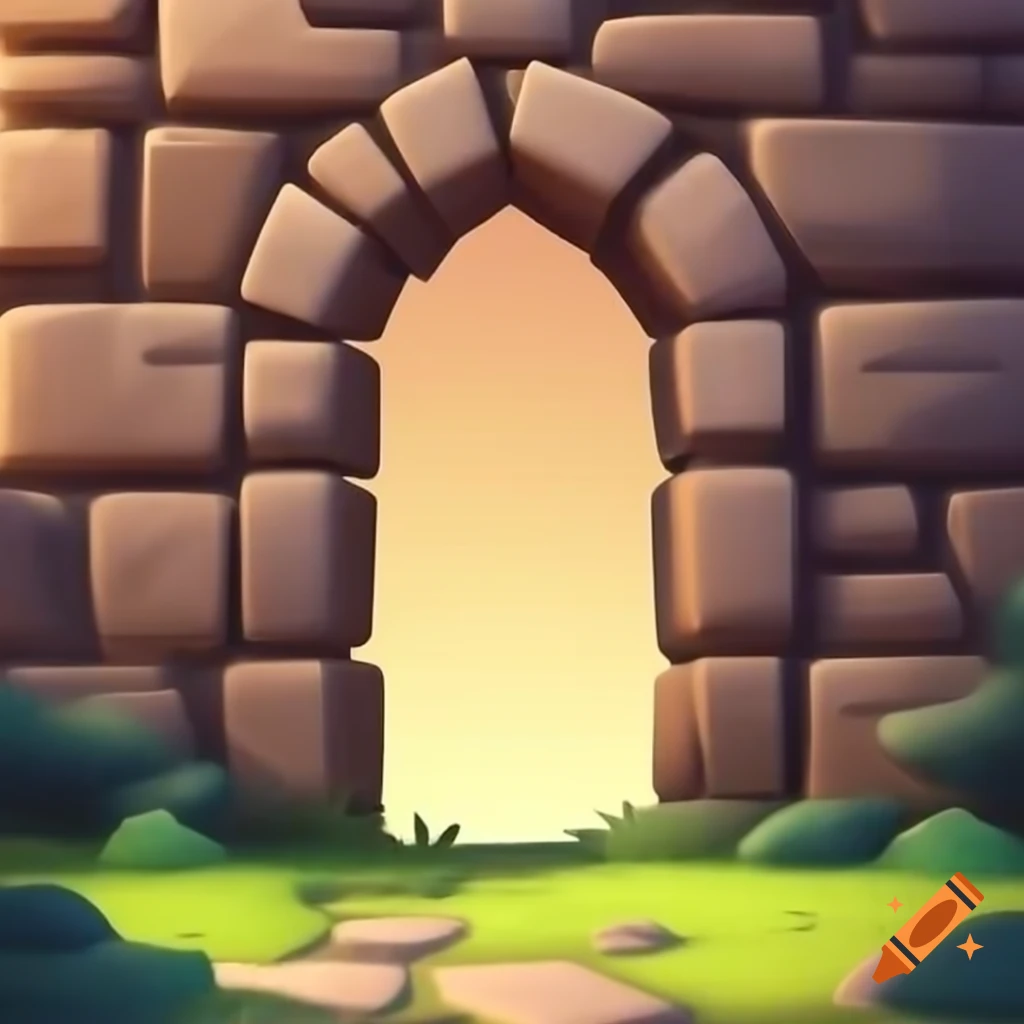 Cartoon depiction of tall stone wall with arched opening