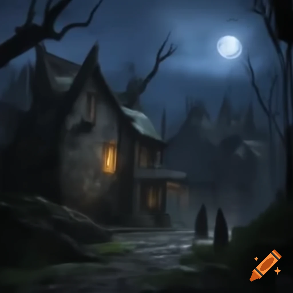 Village house with stone walls in moonlit forest with mist and shadow entity