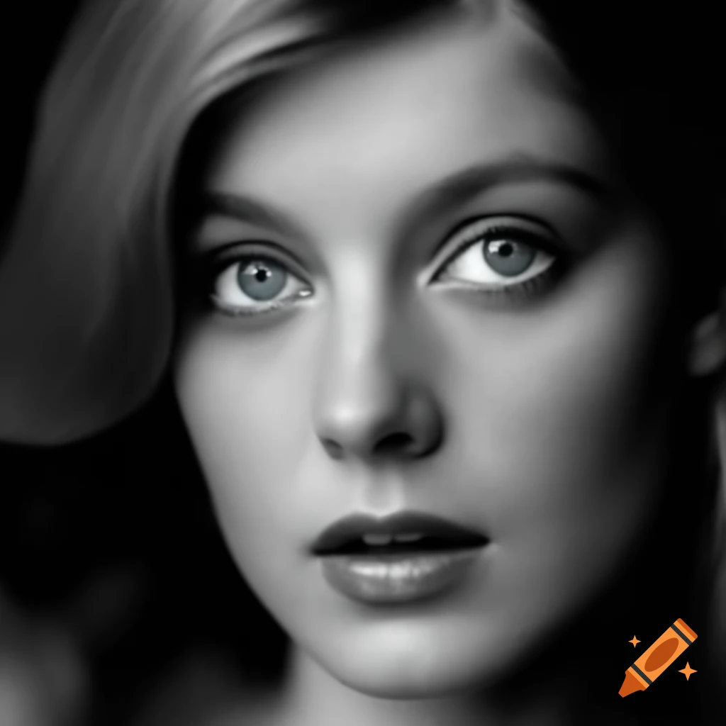 Hyper-realistic black and white portrait of a charming European actress from 1963