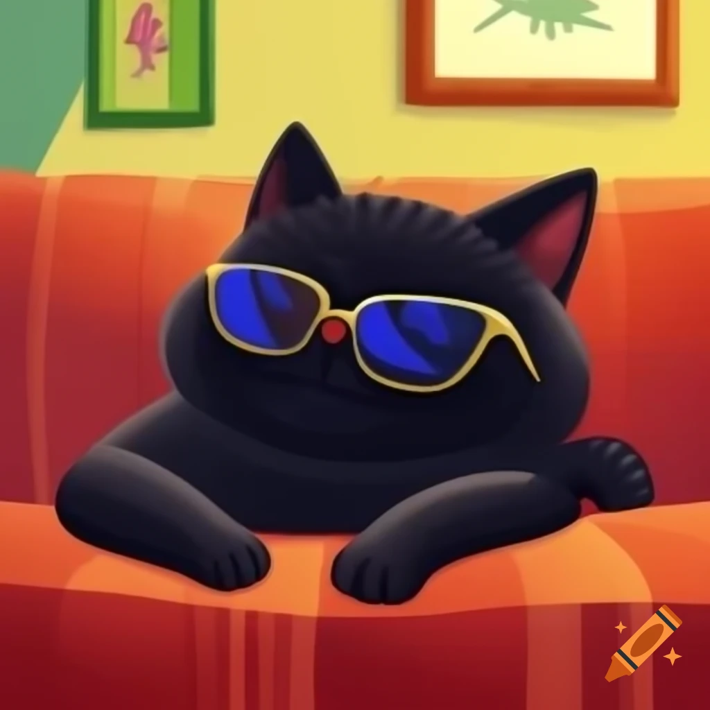 Cartoon black cat wearing sunglasses lounging on couch