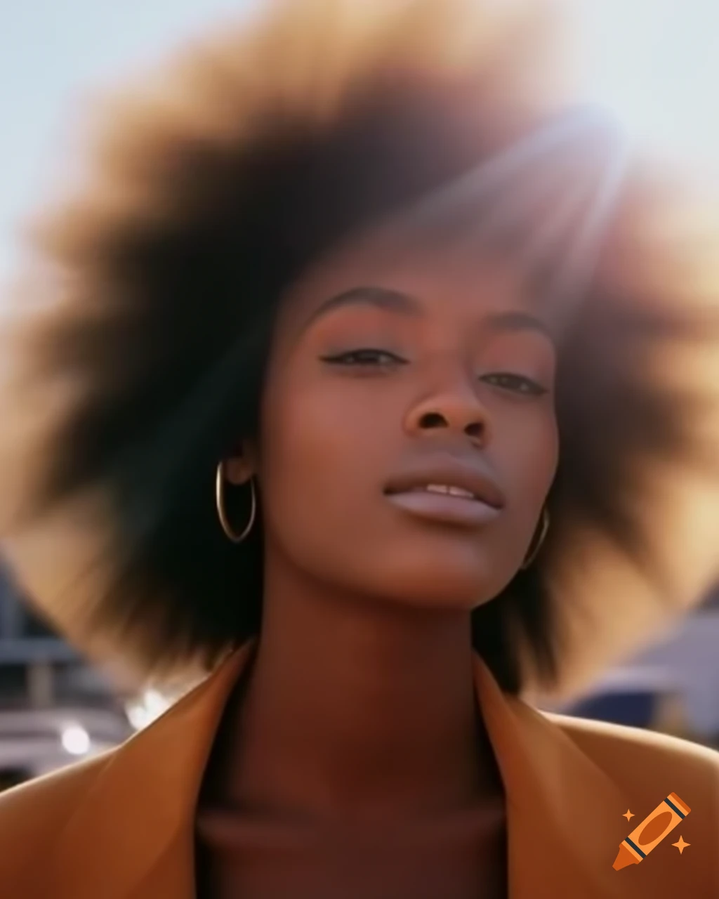 Timeless portrait of a captivating beauty in earthy hues with sun-drenched cityscape background