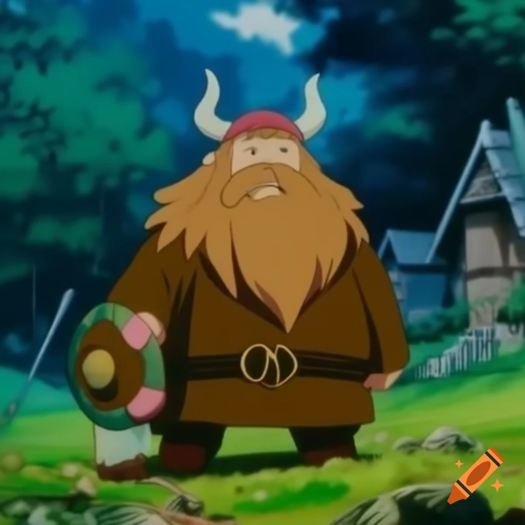 Anime-inspired viking approaching village in forest, Studio Ghibli style