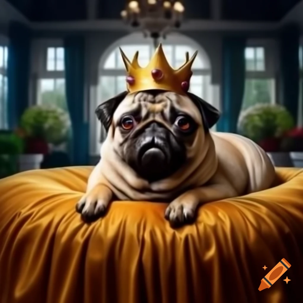 Cartoon pug with crown lounging on golden dog bed in luxurious mansion