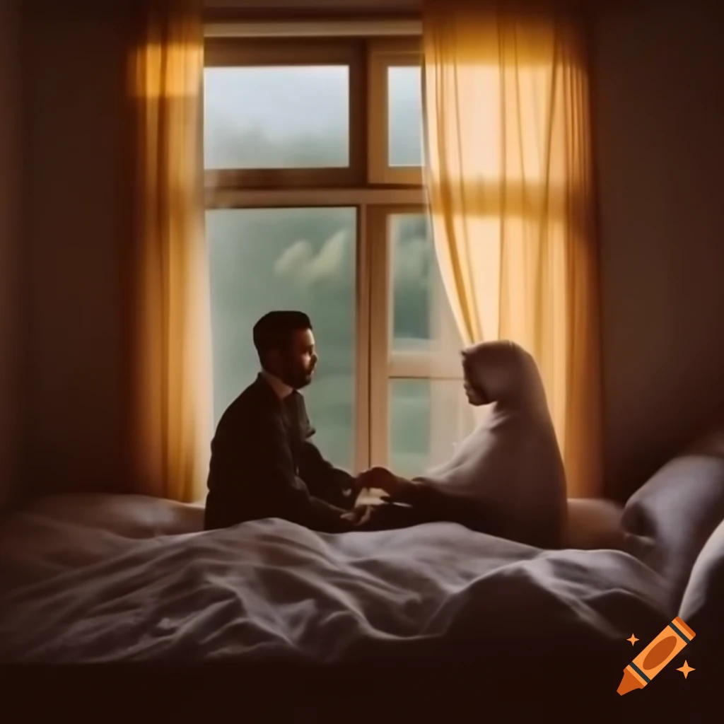 Romantic couple sharing sweet moments in bed with sunlight streaming through window