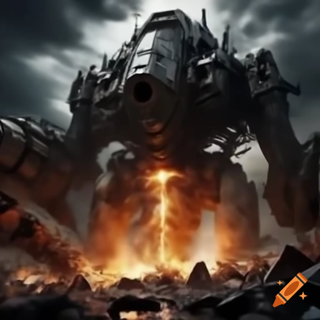 Armored core in apocalyptic battle receiving damage from explosion with flying debris