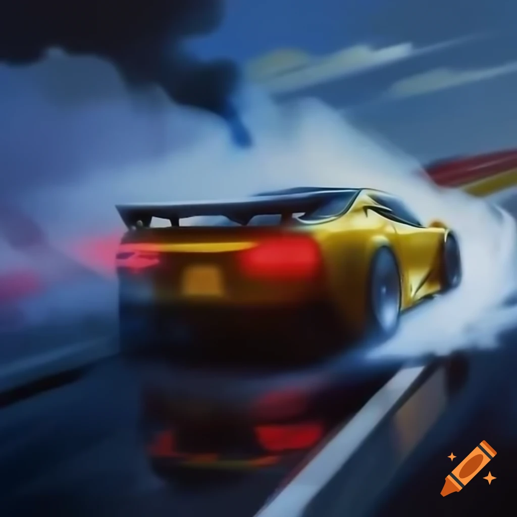 Car on highway with neon yellow smoke in a robotic race