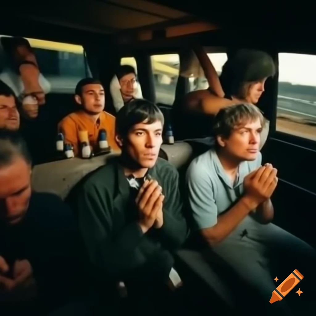 Men praying in SUV with bibles and crucifixes surrounded by beer bottles at night
