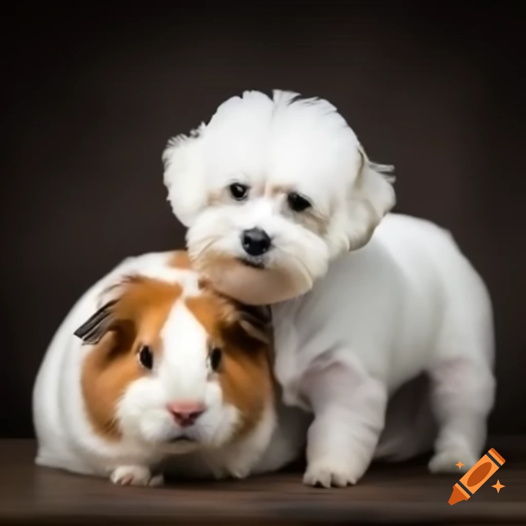 Bichon frise and guinea pig sitting side by side