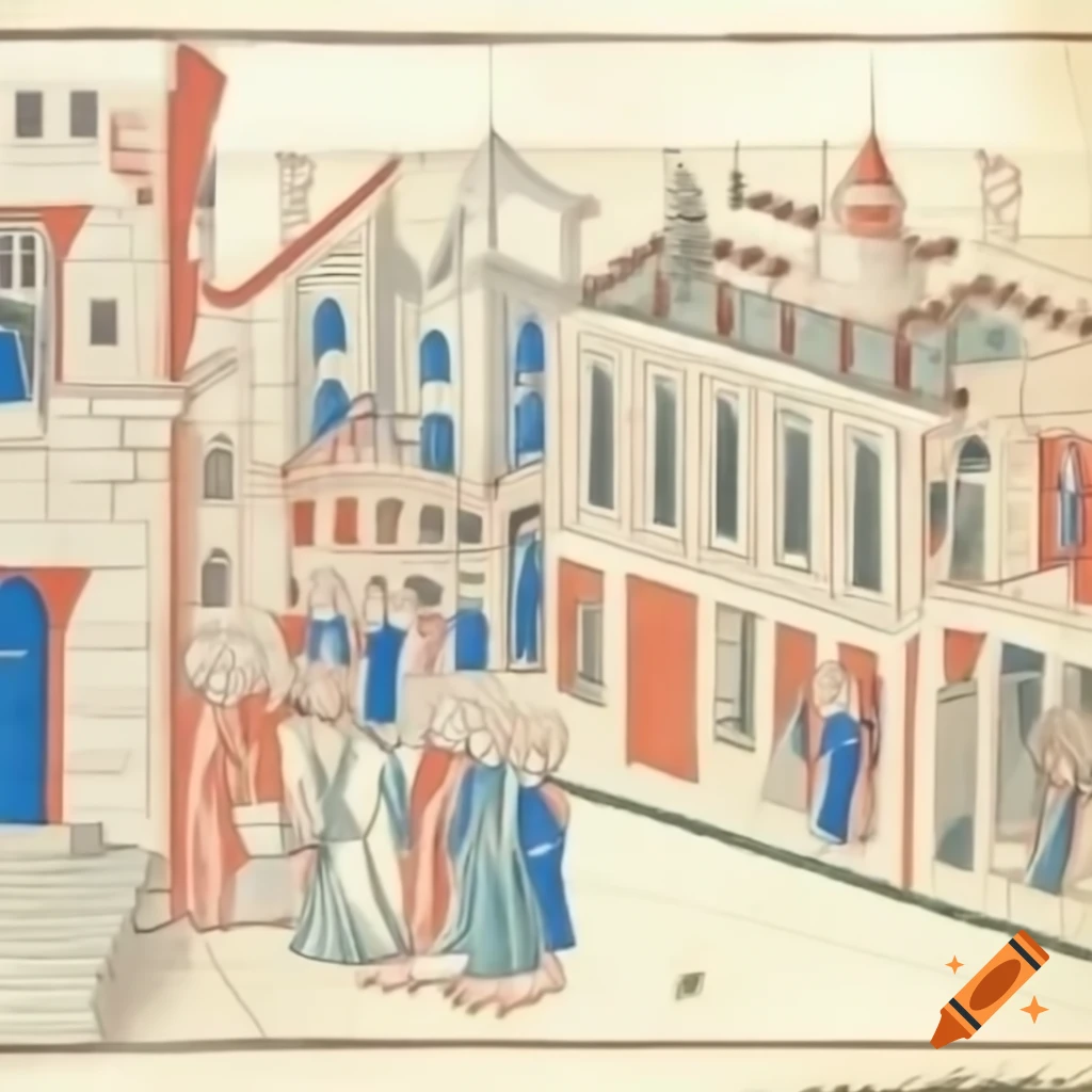 12th century medieval manuscript drawing of city street