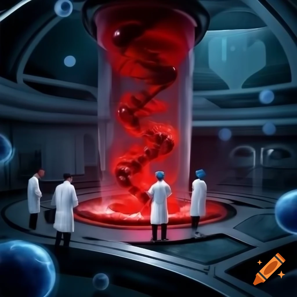 Scientists on red blood cell in futuristic lab with floating DNA molecules