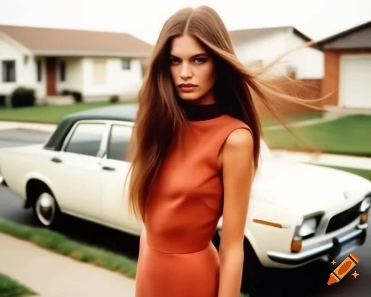 Woman in terracotta dress with long brown hair posing near taxi in 70s style