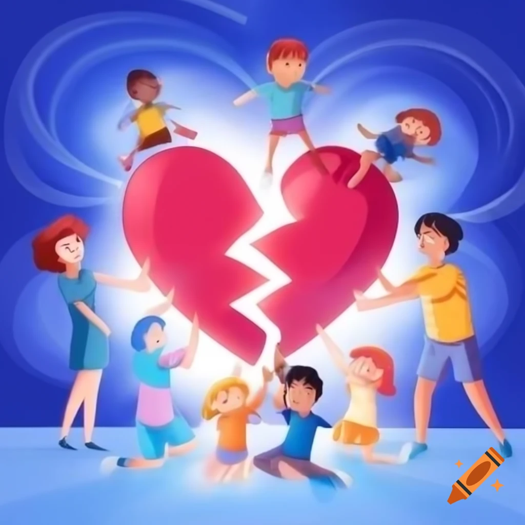 Broken heart in six pieces with bright light at center representing parents