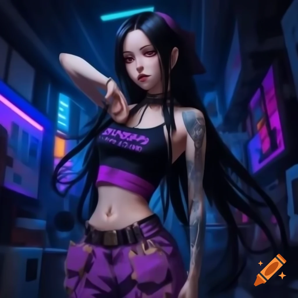 Punk-inspired young woman in dystopic fashion with black hair and crop top