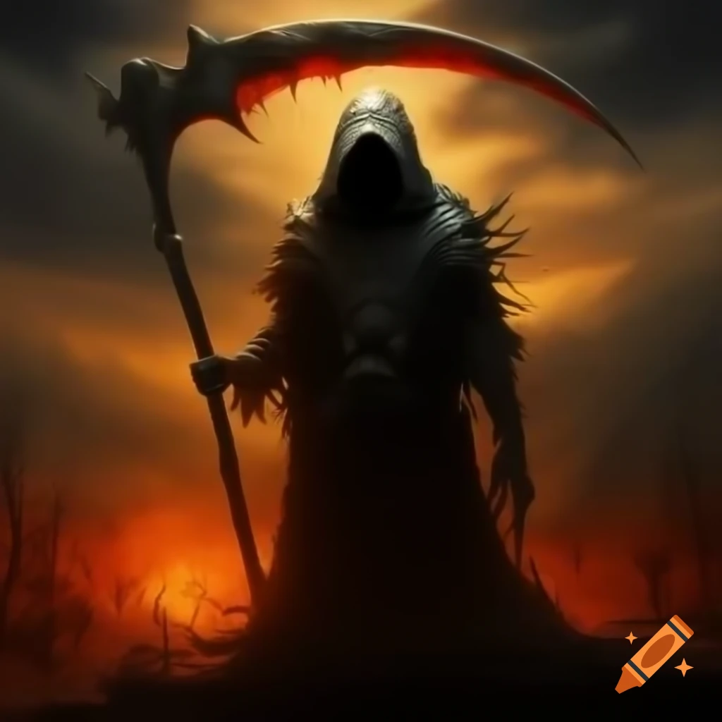 Reaper silhouette with scythe against fiery dusk, evoking themes of mortality