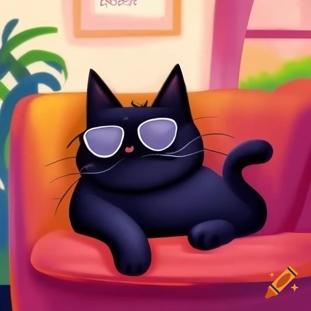 Cartoon black cat wearing sunglasses lounging on a couch