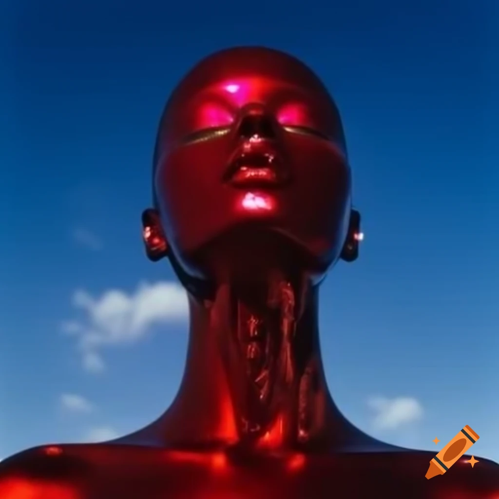 Pop surrealism featuring red iridescent glass statue against bright sky