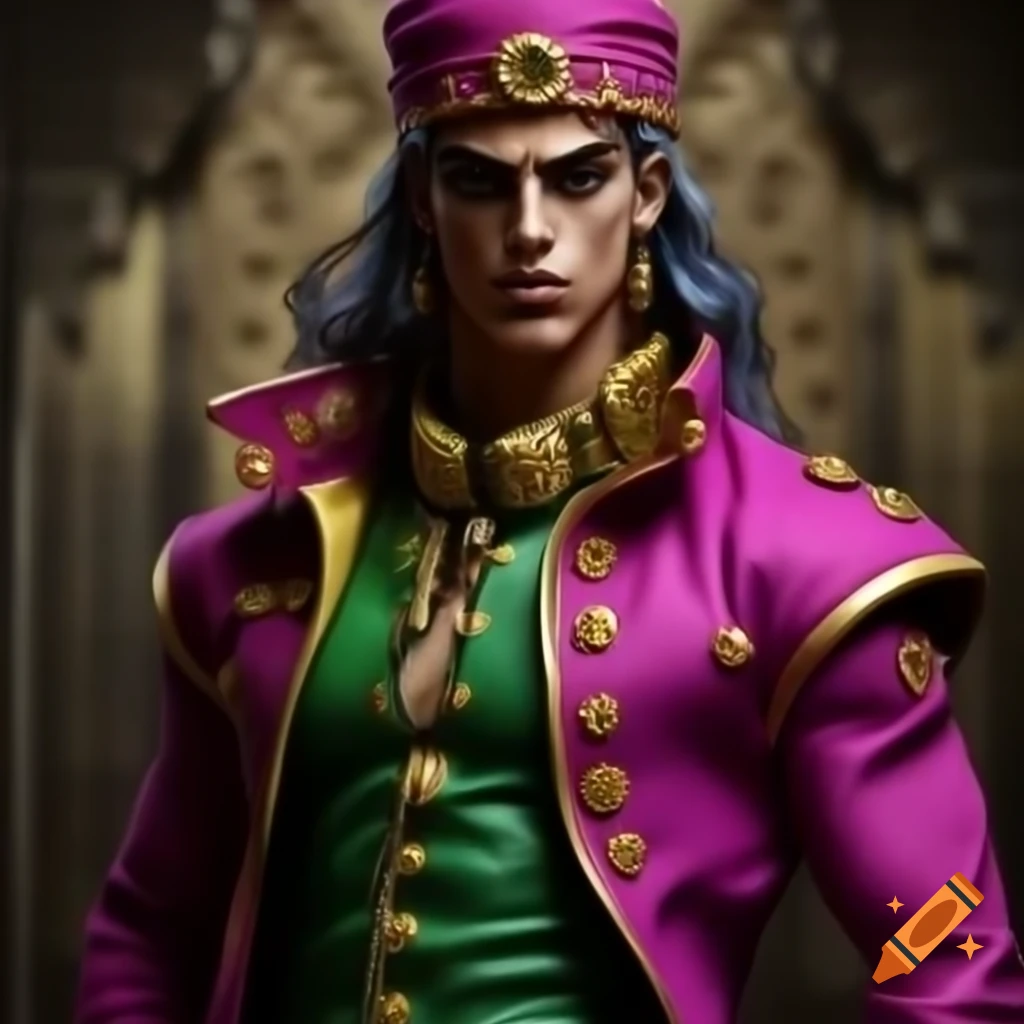 Highly detailed artistic interpretation of Moroccan king in Jojo style