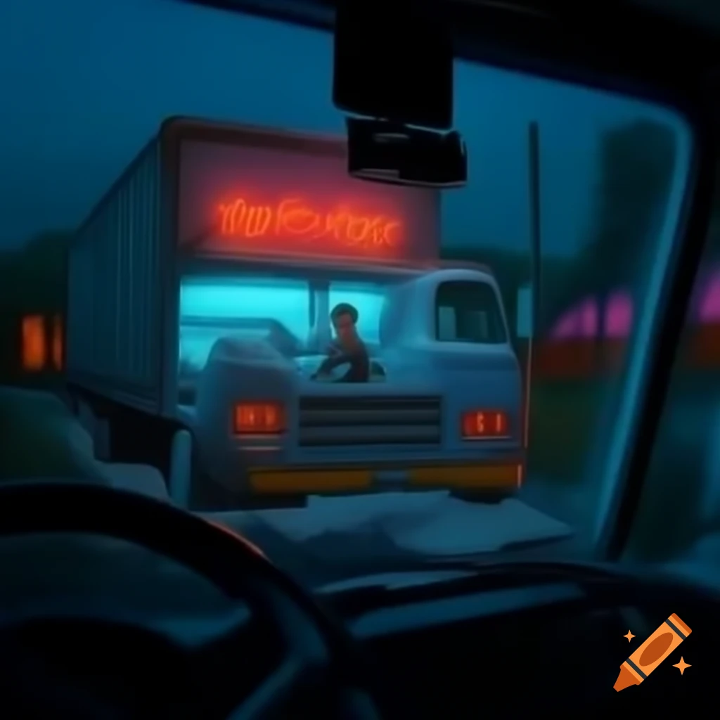 Lorry with neon sign 'Emma' in the cab