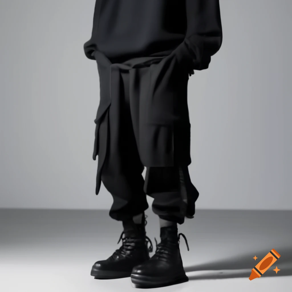 Tall individual dressed in black hoodie, baggy cargo pants, and combat boots