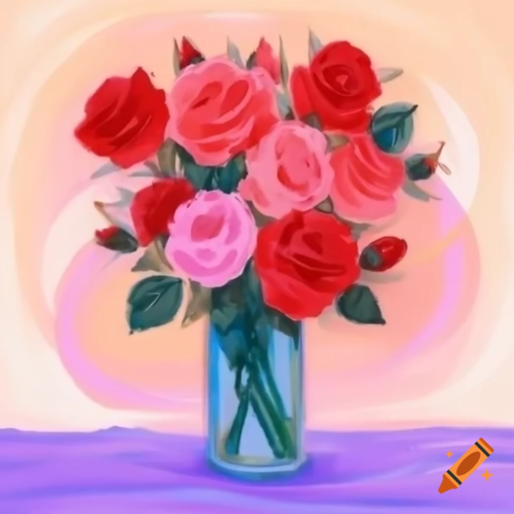 Watercolor painting of red and pink roses in a vase with soft pastel background