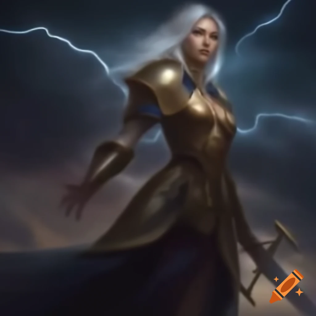 Ethereal warrior in golden armor with sword and wand under stormy sky