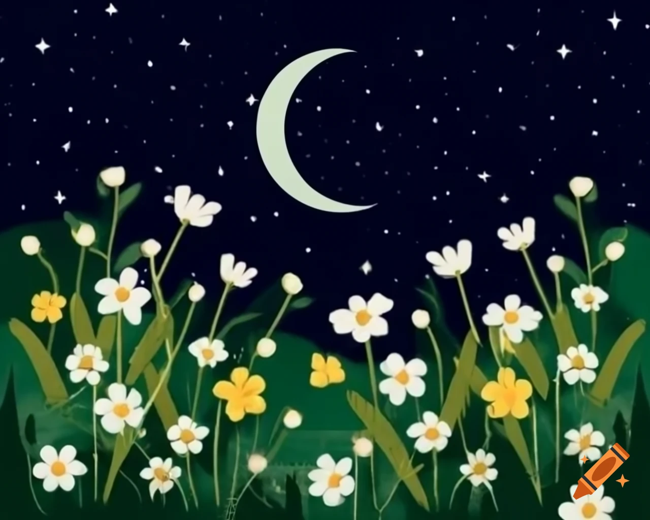 Meadow flowers and ethereal moon with starry sky background