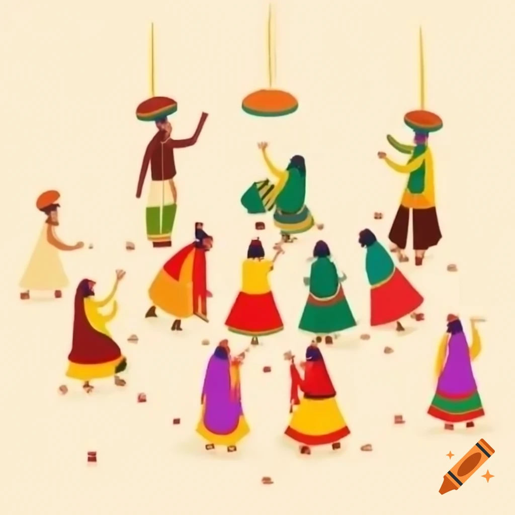Humans dancing Garba with Dandiya in traditional Gujarati attire