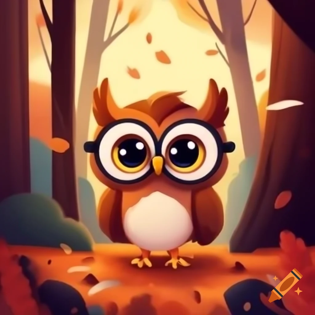 Cute owl with glasses in autumn forest with colorful leaves