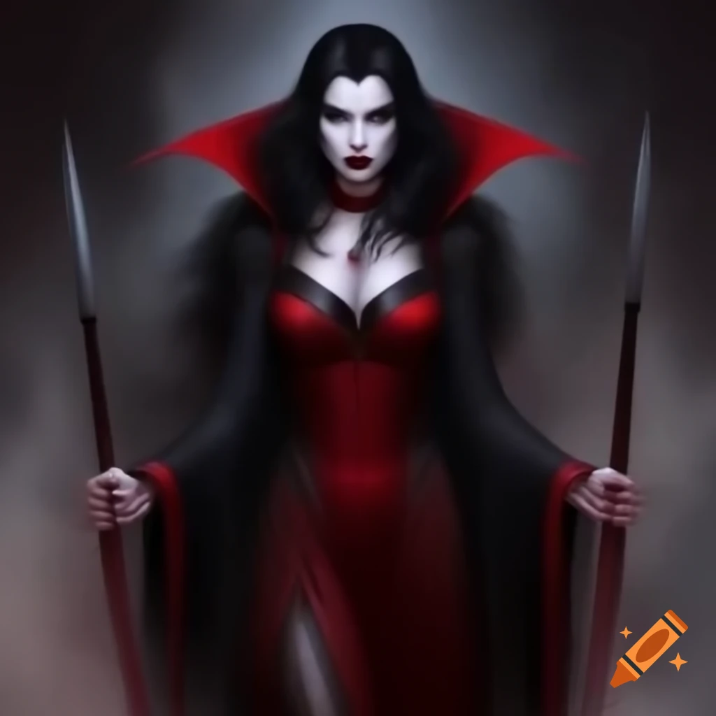 Female vampire with long black hair in a red and black dress holding daggers